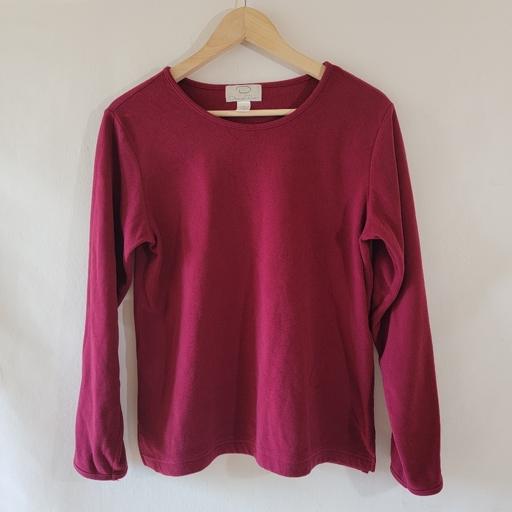 Oscar De La Renta Women's Red Pullover Fleece Sweater Sz S Crewneck Fall Cozy